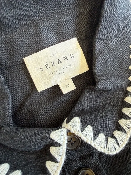 Sézane Black Linen Crochet Trim Button Up Blouse Top Size 36 US 4 - Picture 5 of 8